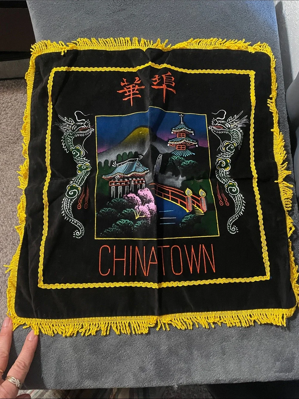 Chinatown Embroidered Painted Velvet Fringed Pillow Cover - Black & Yellow NWOT
